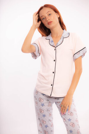 Pyjama Sarra Deux pièces rose pâle et bleu avec motifs en cotton