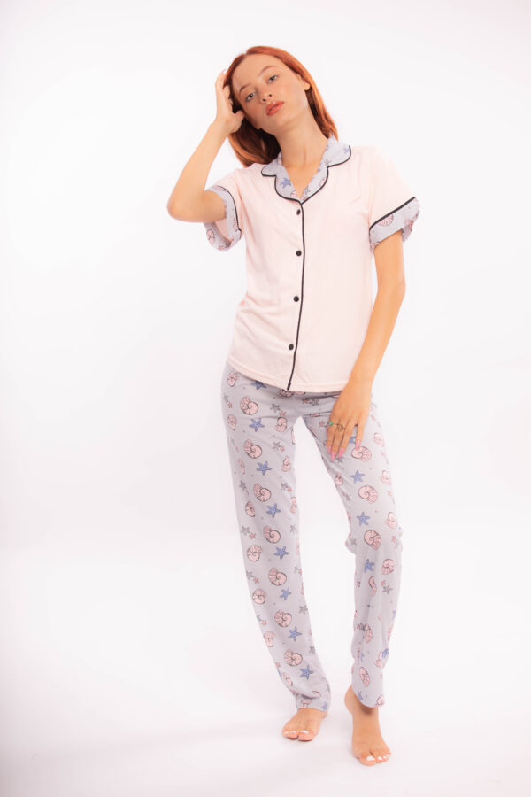 Pyjama Sarra Deux pièces rose pâle et bleu avec motifs en cotton