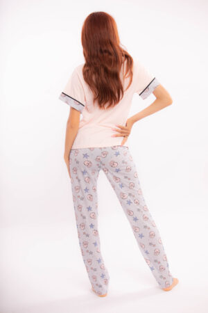 Pyjama Sarra Deux pièces rose pâle et bleu avec motifs en cotton