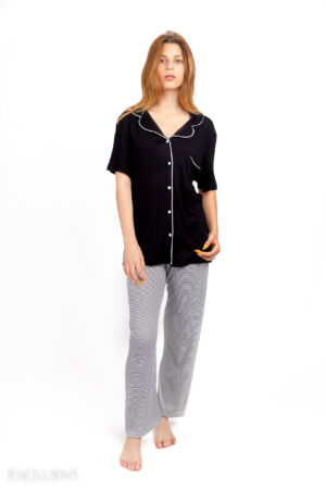 Pyjama Eline: Ensemble chemise et pantalon en coton bleu nuit