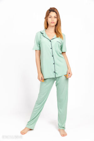 Pyjama Mirale: Ensemble chemise et pantalon en coton vert d'eau finition noir