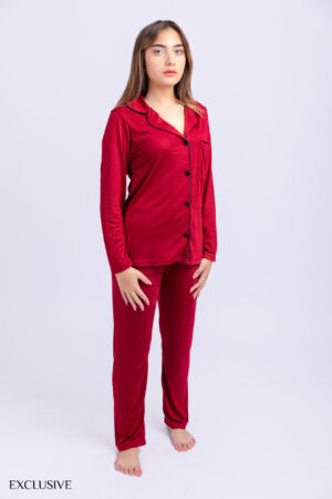 Pyjama Aline: Deux pièces en coton rouge bordeaux avec finition bordure noir