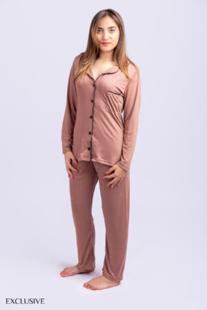 Pyjama Aline: Deux pièces en cotton marron glacé avec finition bordure noir