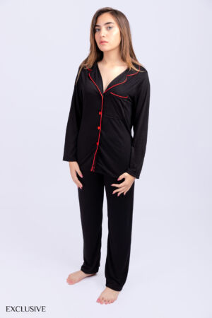 Pyjama Aline: Deux pièces en cotton noir finition bordure rouge