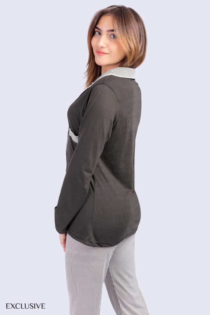Pyjama deux-pièces femme coton gris motifs français style décontracté