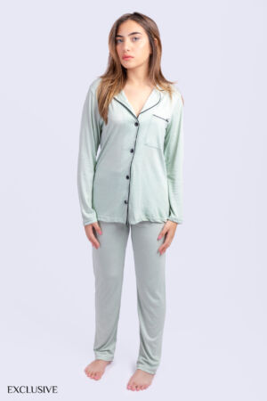 Pyjama Aline: Deux pièces en cotton vert pastel avec finition bordure noir
