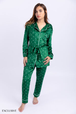 Pyjama Olivia vert: Deux pièces en velours pointillés