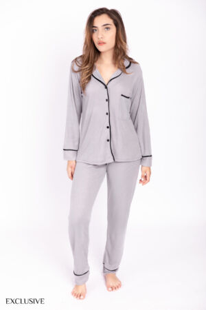 Ensemble Pyjama Anna : Chemise Rayée & Pantalon Élastique Gris Clair