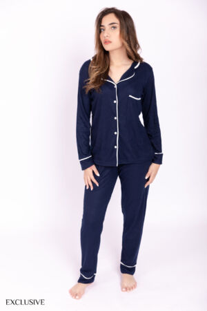 Ensemble Pyjama Anna : Chemise Rayée et Pantalon Confort Bleu