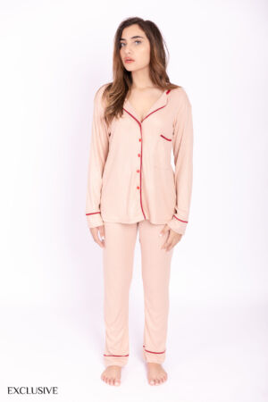 Ensemble Pyjama Anna : Chemise et Pantalon Coton Rayé - Nude avec Rouge