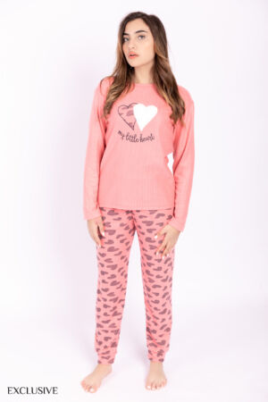 Ensemble Sabi Cozy : Pull Coton Rayé & Pantalon Cœur - Rose