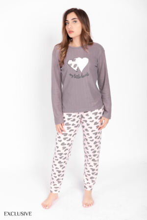 Ensemble Sabi Douceur : Pull Coton Rayé & Pantalon Cœur - Gris