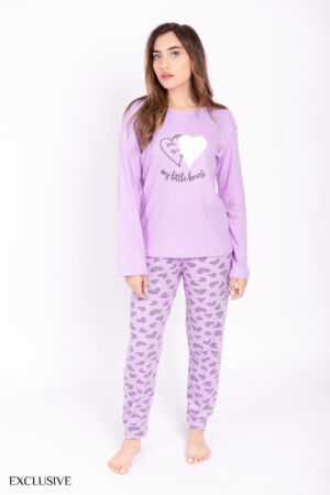 Ensemble Sabi Pyjama : Pull Coton Rayé & Pantalon Cœur - Mauve Lilas