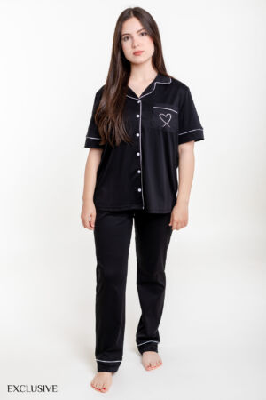 Ensemble Lily Pyjama: Chemise et Pantalon Satiné Noir