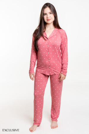 Ensemble Lolita Pyjama Rose: Chemise Boutonnée et Pantalon à Motifs
