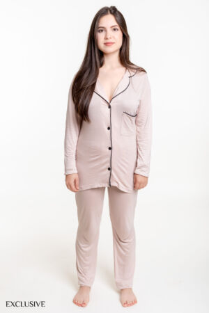 Ensemble Pyjama Aline: Chemise et Pantalon Coton Beige Rosé