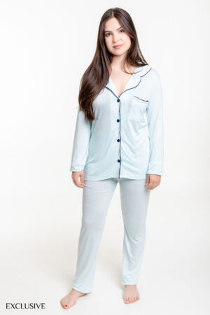 Ensemble Pyjama Aline: Chemise et Pantalon Coton Bleu Ciel