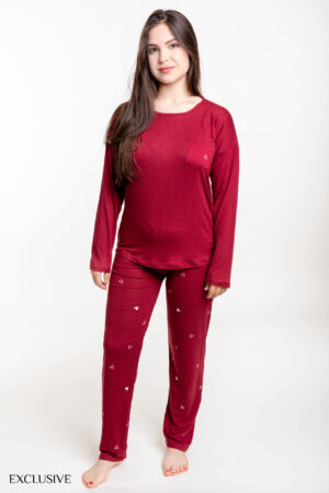 Ensemble Pyjama Lauren pour Femmes: Pull Col Rond & Pantalon Cœur, Rouge Bordeaux