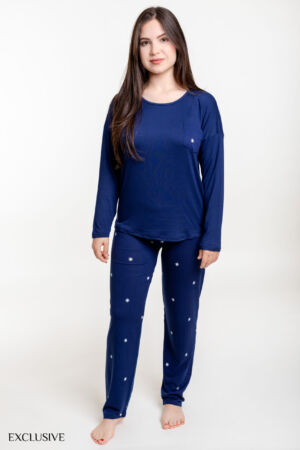 Ensemble Pyjama Tracy: Pull Col Rond & Pantalon Étoilé en Coton - Bleu