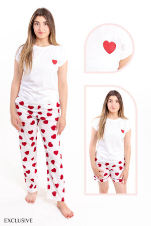 Ensemble Lisa: Pull, Pantalon & Short Coeur - Coton Blanc/Rouge S-2XL