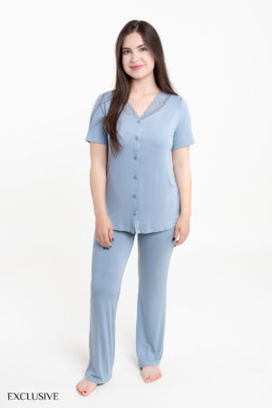 Ensemble Pyjama "Amelia" en Coton Lycra avec Dentelle - Pyjama d'été Bleu Ciel