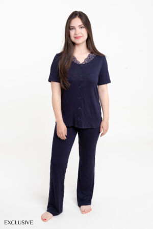 Ensemble Pyjama "Amelia" en Coton Lycra avec Dentelle - Pyjama d'été Bleu Nuit