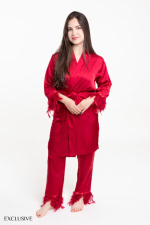 Ensemble Elisabeth Pyjama Satiné: Chemise Ceinturée & Pantalon Plume
