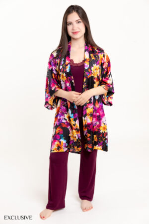 Ensemble Jasmine: Kimono Floral, Débardeur Dentelle & Pantalon - Aubergine