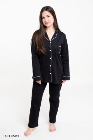 Ensemble Pyjama Lyana: Chemise Fleurie & Pantalon Confort - Noir et Blanc