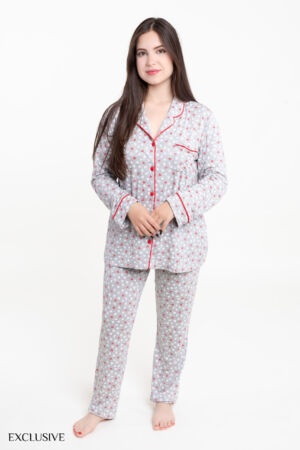 Ensemble Pyjama Nina en Coton Gris avec Motifs Cœur et Finition Rouge