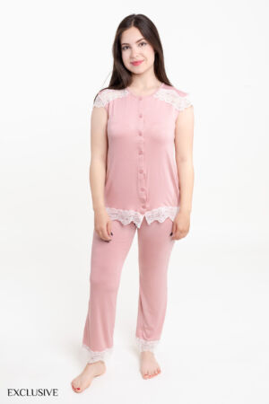 Ensemble Pyjama Rose Léger: Chemise Dentelle & Pantalon Confort Rose