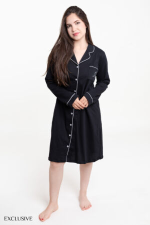 Robe Chemise Elene en Coton - Motif Floral & Liserés Contrastés Noir