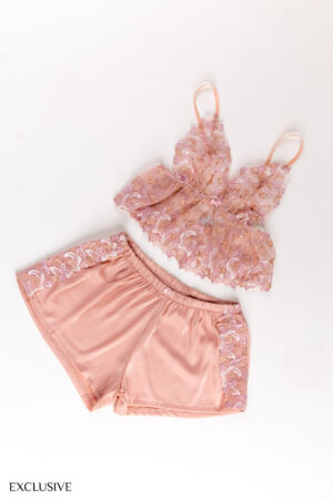 Ensemble Eros Lingerie: Débardeur Dentelle & Short Satiné - Saumon / Bleu