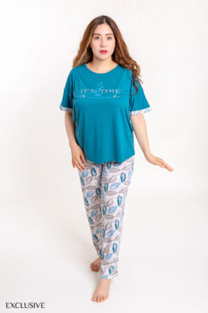 Ensemble Joy Pyjama Grande Taille : Pull Imprimé & Pantalon Confort 3XL-5XL - Bleu Bondi