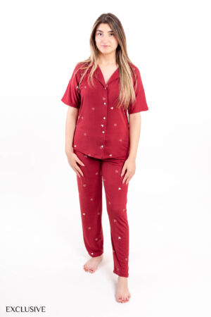 Ensemble Lovina Pyjama: Chemise Cœur & Pantalon Élastique - Rouge Bordeaux