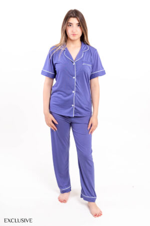 Ensemble Pyjama Aphrodite: Chemise & Pantalon Coton - Bleu Bleuet