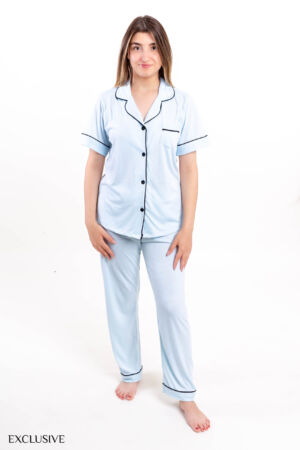 Ensemble Pyjama Aphrodite: Chemise & Pantalon Coton - Bleu Ciel