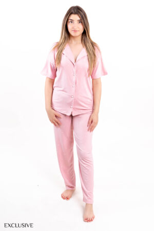 Ensemble Pyjama Peony: Chemise Boutonnée & Pantalon Rose Bébé