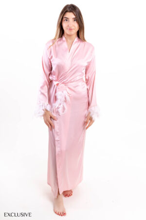 Kimono Bella Satiné avec Ceinture et Liserés Plumes - Lingerie Chic