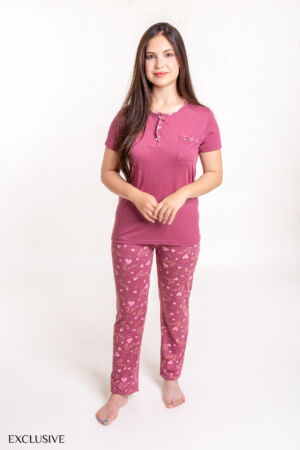 Ensemble Caline Pyjama Été: Pull Boutonné & Pantalon Cœur Magenta
