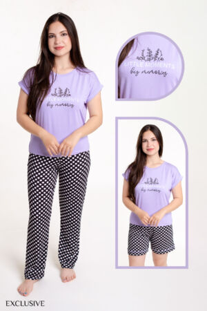 Ensemble Lisa 3 Pièces: Pull, Pantalon & Short Coton - Mauve et Noir