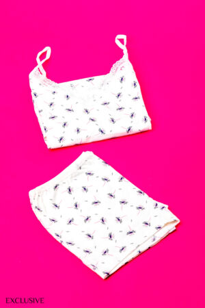 Ensemble Pyjama Caraco Lopezia Été: Caraco Dentelle & Slip Short Coton - Blanc/Rose XL