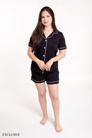 Ensemble Pyjama Colette Noir: Chemise Boutonnée & Short Élastique - Coton
