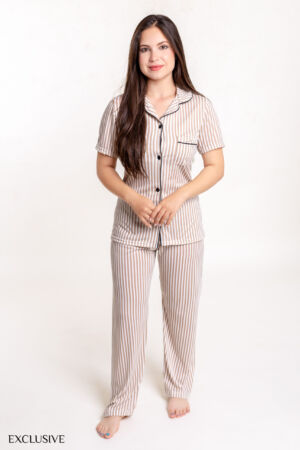 Ensemble Pyjama Elisa Beige: Chemise Rayée & Pantalon Confort - Coton