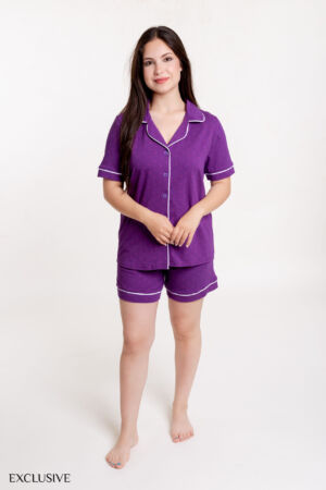 Ensemble Pyjama Été Colette Violet: Chemise & Short Coton Violet