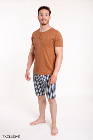 Ensemble Pyjama Été Homme Marin Camel: Pull Boutonné & Short Rayé
