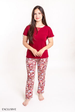 Ensemble Pyjama Été Nirvana Rouge Bordeaux en Coton - Pull Dentelle & Pantalon Motif Feuilles
