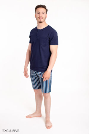 Ensemble Pyjama Homme Marin Bleu: Pull Boutonné & Short Rayé - Coton