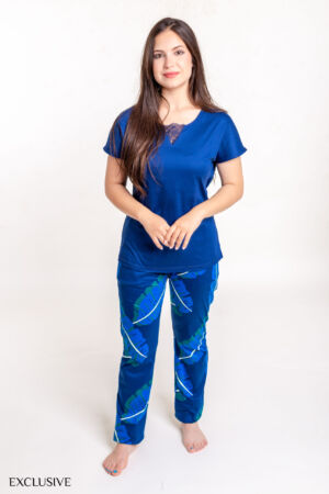 Ensemble Pyjama Nirvana Bleu : Pull Dentelle & Pantalon Motif Feuilles