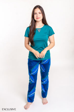 Ensemble Pyjama Nirvana Vert: Pull Dentelle & Pantalon Motif Feuilles - Coton